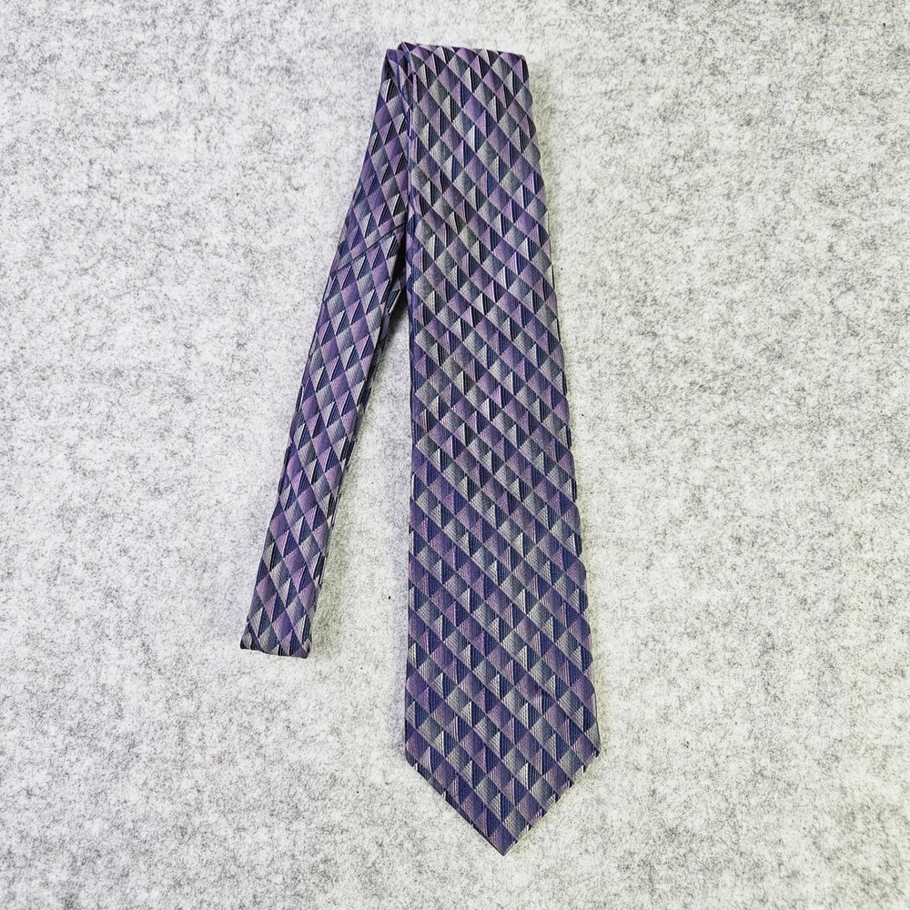 Joseph & Feiss International Mens‎ Purple Geometric Diamond 100% Silk Necktie - Picture 2 of 3